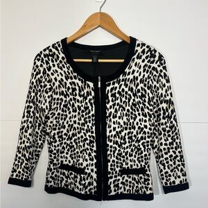 White House Black Market WHBM Leopard Print Zip Up Cardigan Sweater Size Small
